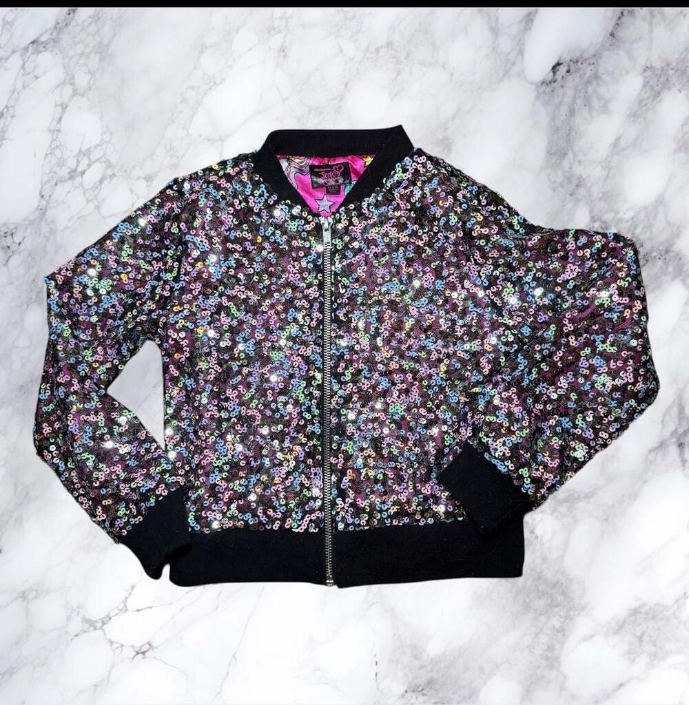 JoJo Siwa Girls Sequin Bomber Jacket Unicorn Pink Satin Nickelodeon Size 4/5